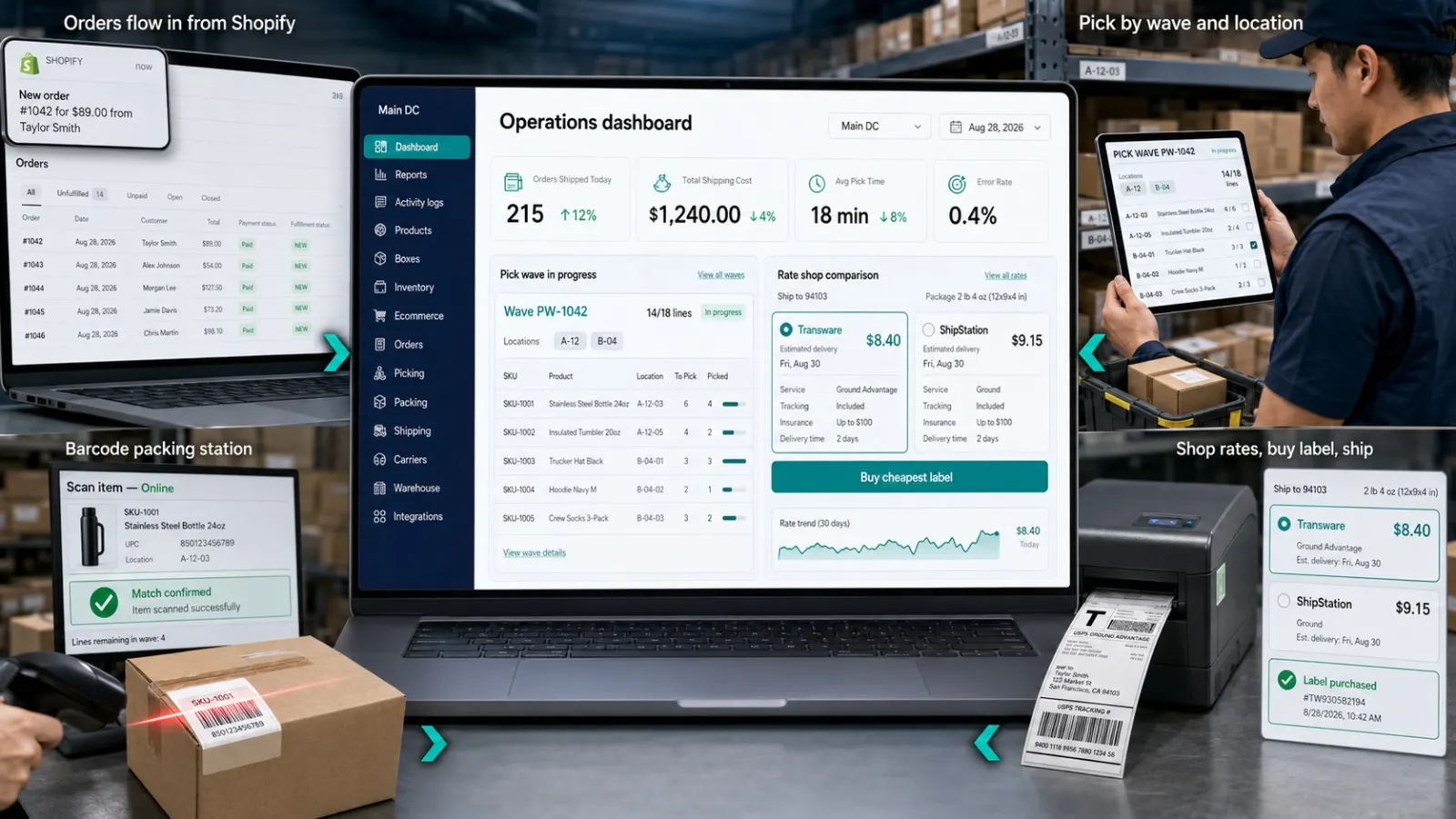 TubWorks operations dashboard with pick waves, barcode packing station and carrier rate comparison
